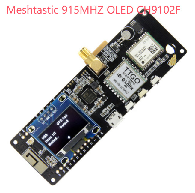 A 915MHz OLED CH9102F electronic circuit board by TTGO, featuring a small display screen, RF antenna, and various electronic components on a white background with red text overlay.
