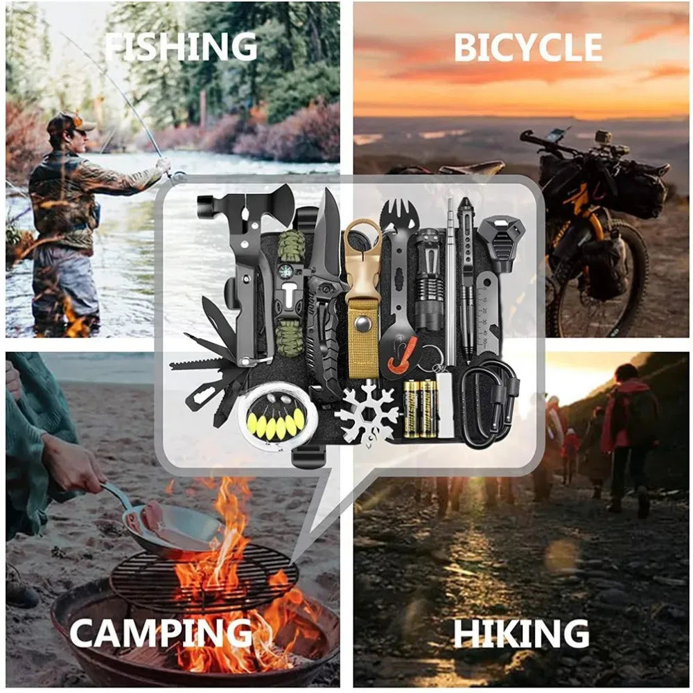 A collage showing a multi-tool survival kit in the center, with four outdoor lifestyle scenes around it labeled Fishing, Bicycle, Camping, and Hiking. The central product display includes knives, tools, a whistle, a flashlight, batteries, and other survival accessories.