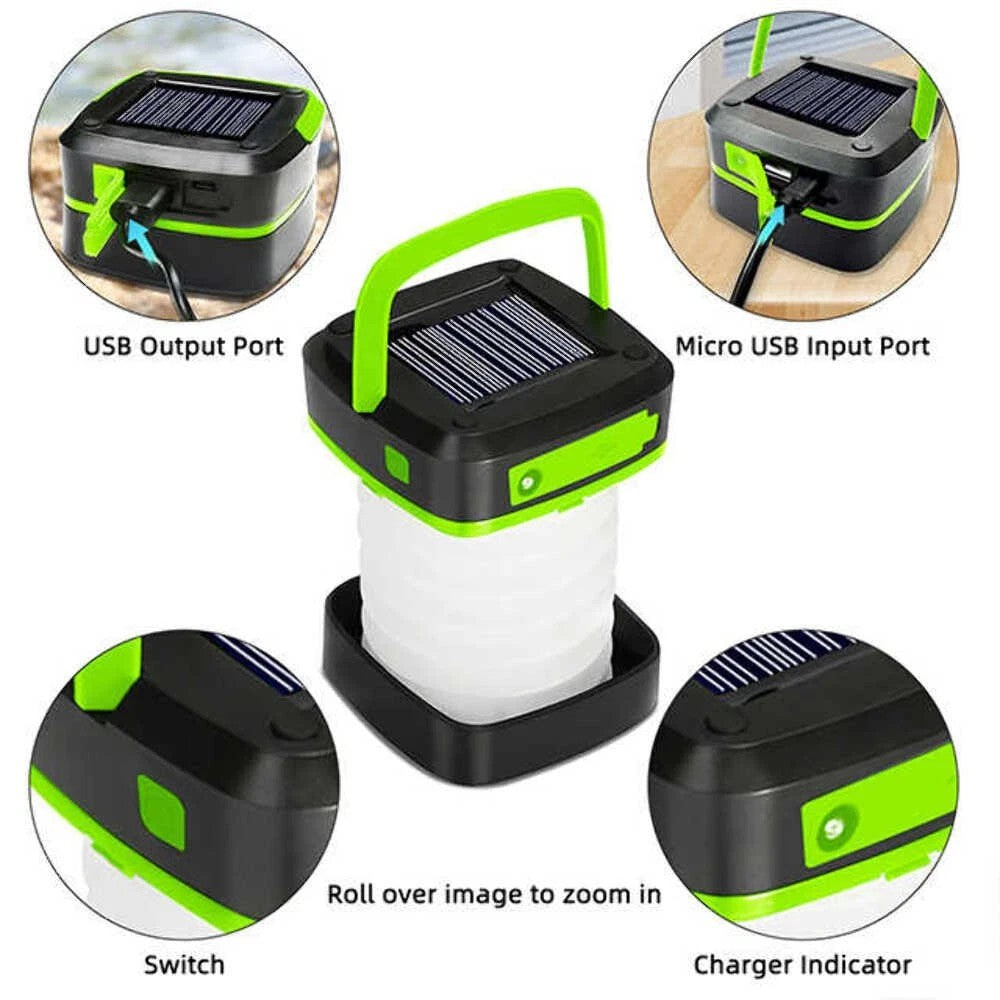 Solar lantern with labeled ports and features on a white background