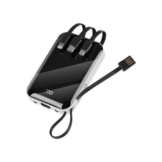 Black and purple power bank with multiple USB ports on a white background