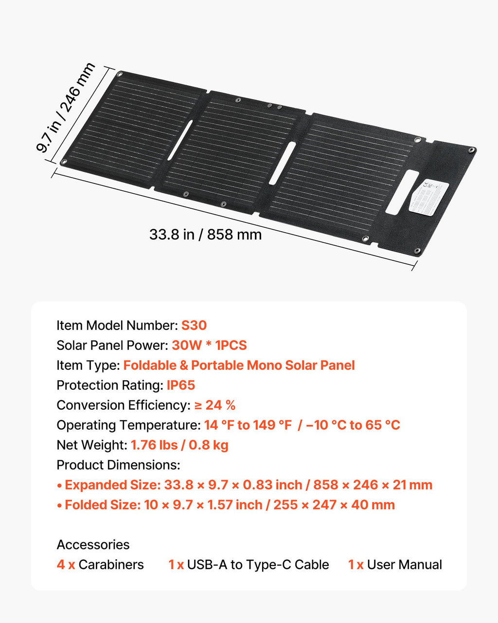 Solar panel with dimensions and specifications on a white background