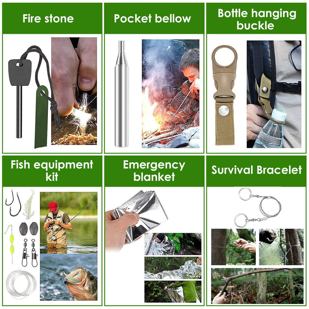 Collection of outdoor survival tools including fire stone, pocket bellow, bottle hanging buckle, fish equipment kit, emergency blanket, and survival bracelet.