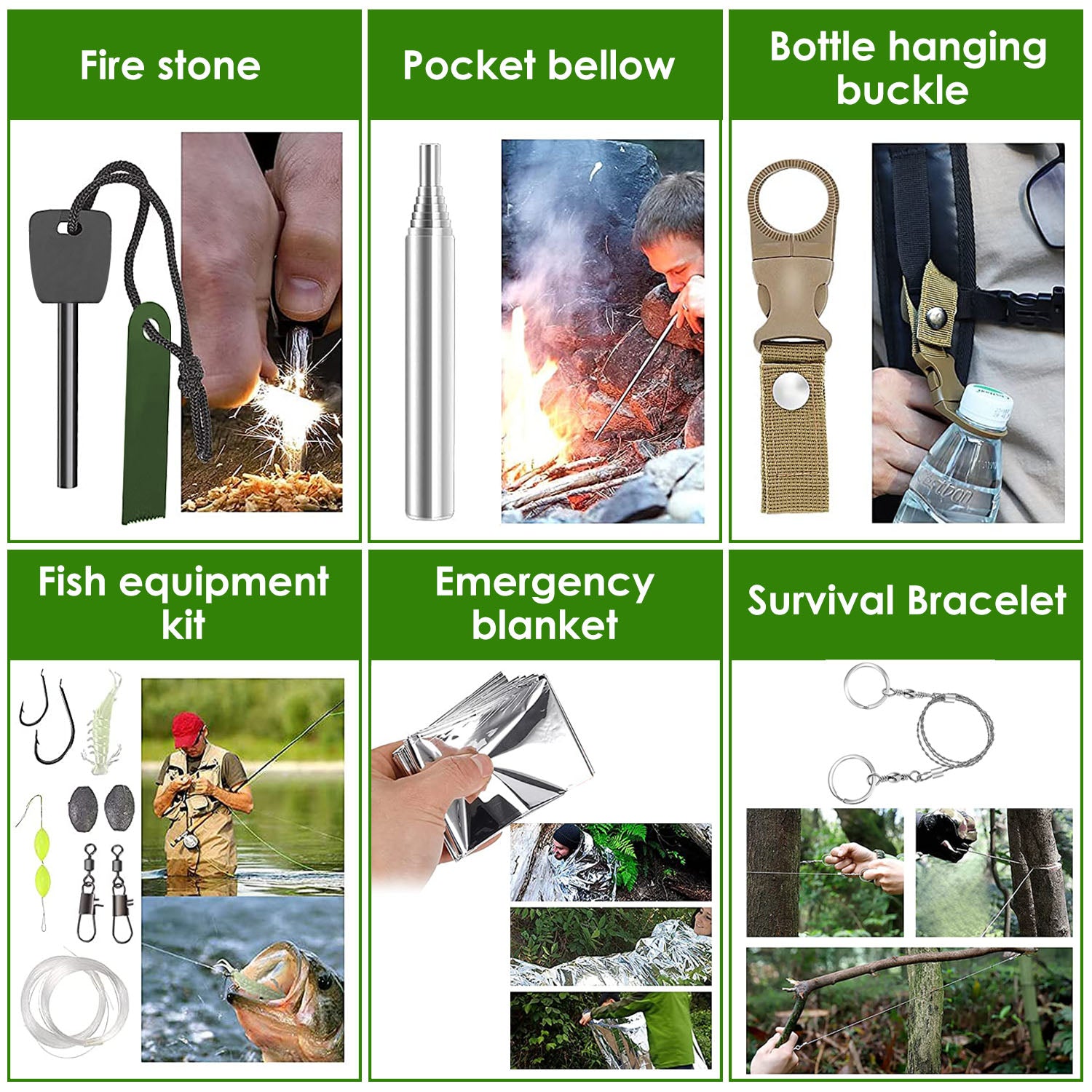 Collection of outdoor survival tools including fire stone, pocket bellow, bottle hanging buckle, fish equipment kit, emergency blanket, and survival bracelet.