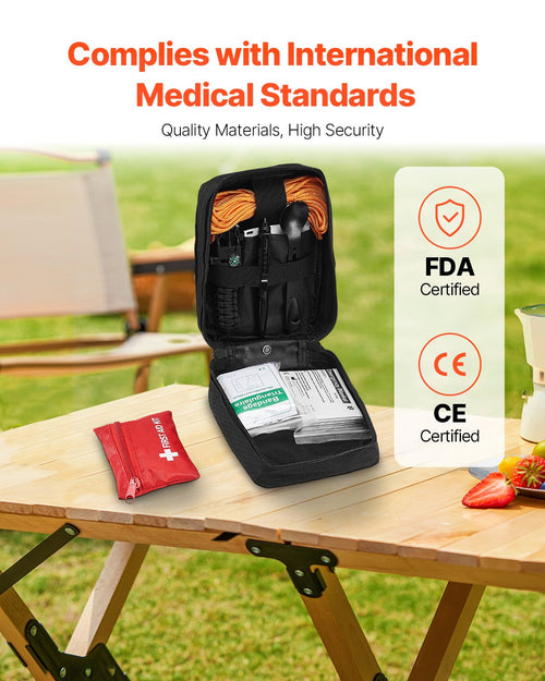 First aid kit on a table outdoors with certification logos displayed