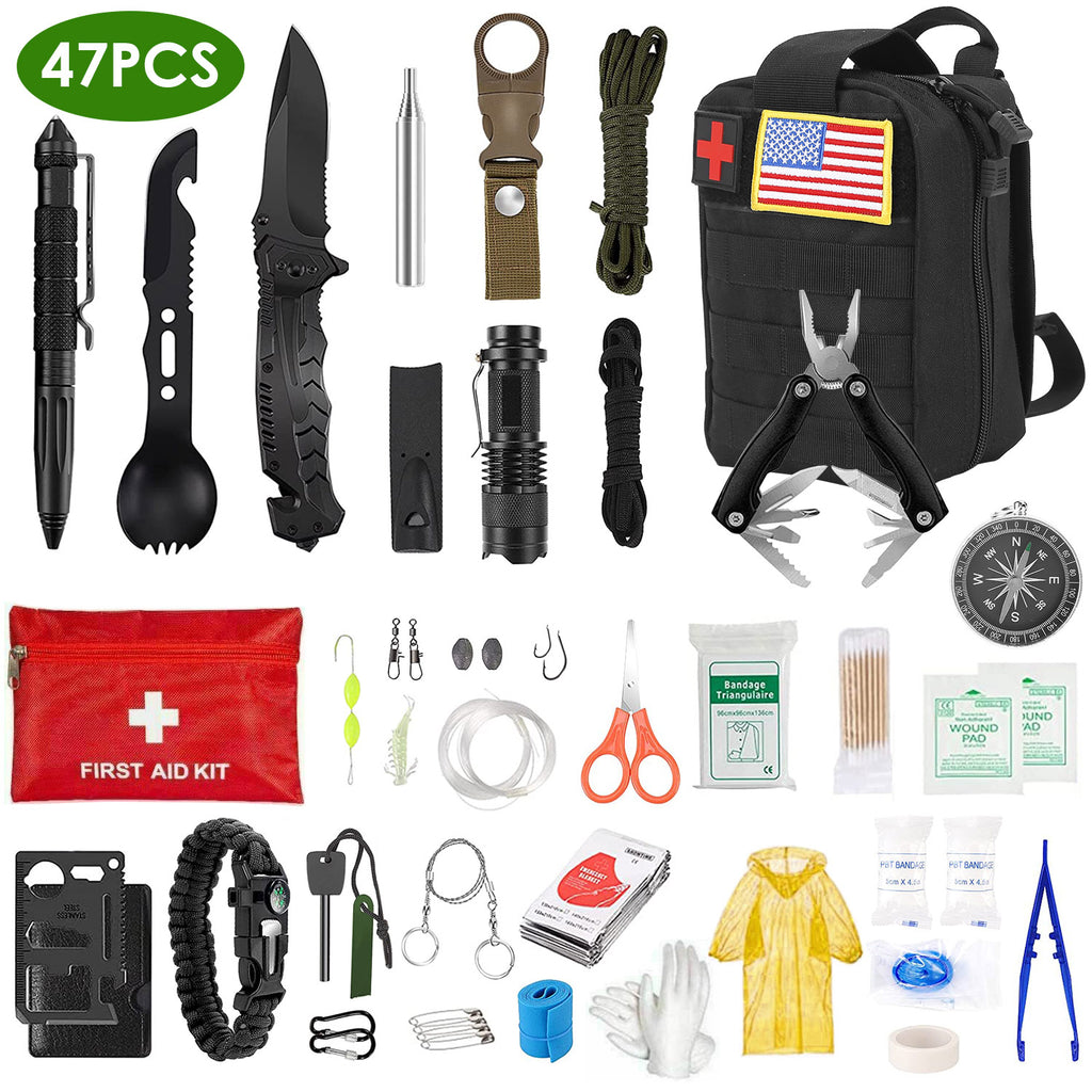 A 47-piece survival and emergency preparedness kit arranged on a white background. The kit includes a black multi-tool backpack, a black survival knife, a black tactical pen, a black flashlight, a black paracord rope, a black whistle, a black fire starter, a red first aid pouch, a black whistle, a black compass, a black wristlet with a paracord strap, white gloves, a yellow rain jacket, and various other small survival and first aid items.