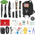 A 47-piece survival and emergency preparedness kit arranged on a white background. The kit includes a black multi-tool backpack, a black survival knife, a black tactical pen, a black flashlight, a black paracord rope, a black whistle, a black fire starter, a red first aid pouch, a black whistle, a black compass, a black wristlet with a paracord strap, white gloves, a yellow rain jacket, and various other small survival and first aid items.