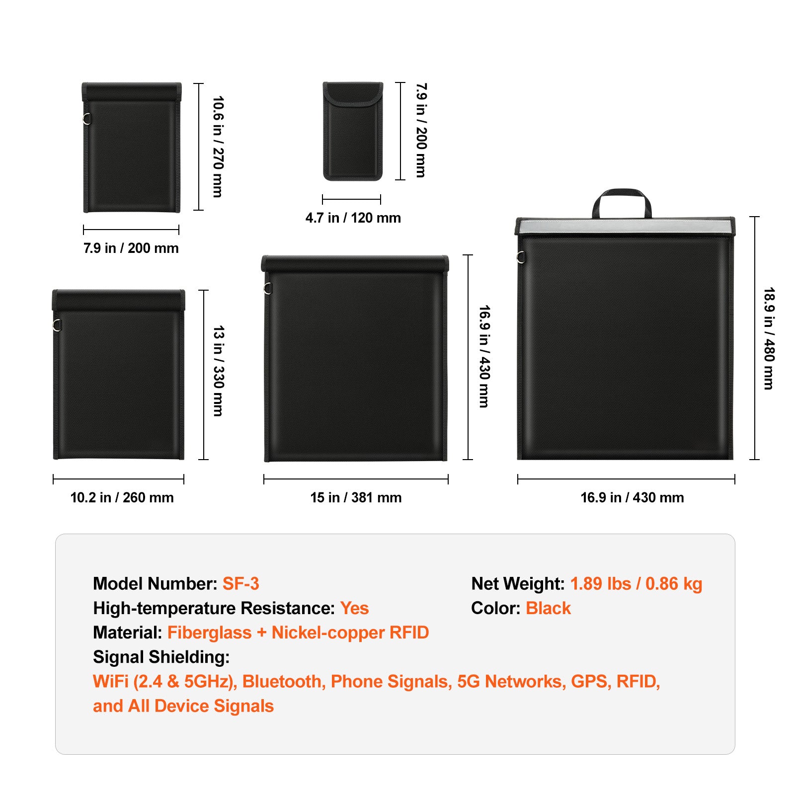 Black rectangular device with dimensions and technical specifications on a white background