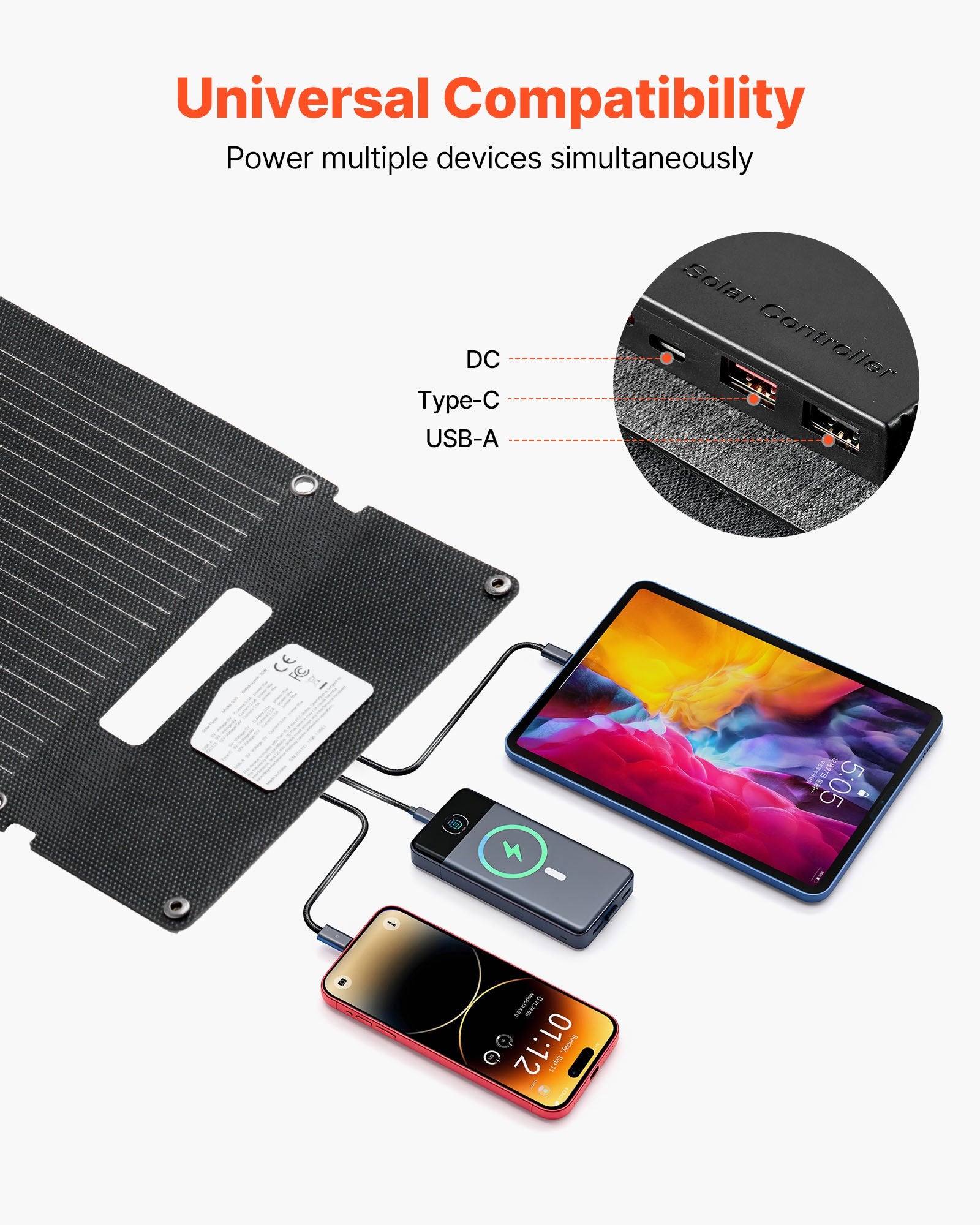 Solar panel with multiple devices connected, highlighting universal compatibility.