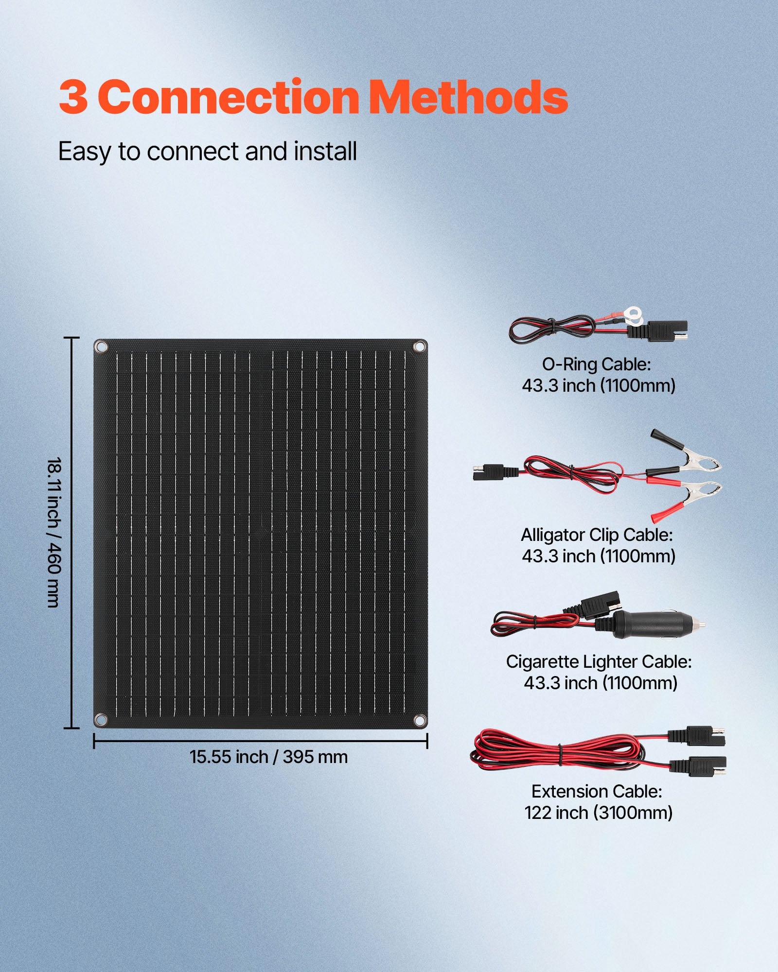 Solar panel with various connection cables and their lengths on a blue background