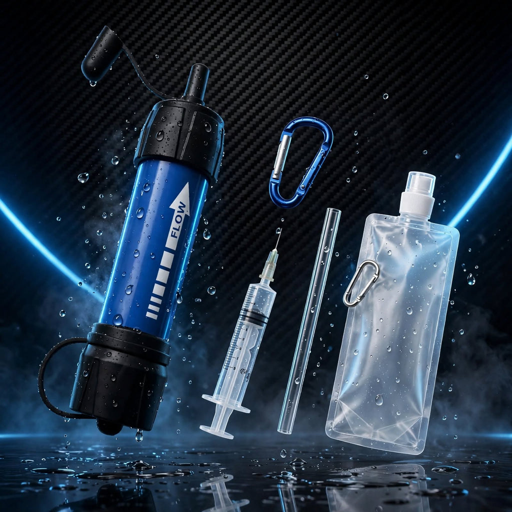 WRELS 5000L Tactical Survival Water Filter Straw - SHTF Bug Out Bag Water Purifier 0.01 Micron 3-Stage Coconut Carbon + Hollow Fiber UF Membrane - 1320 Gallon Emergency Filter with Gravity Bag & Syringe System
