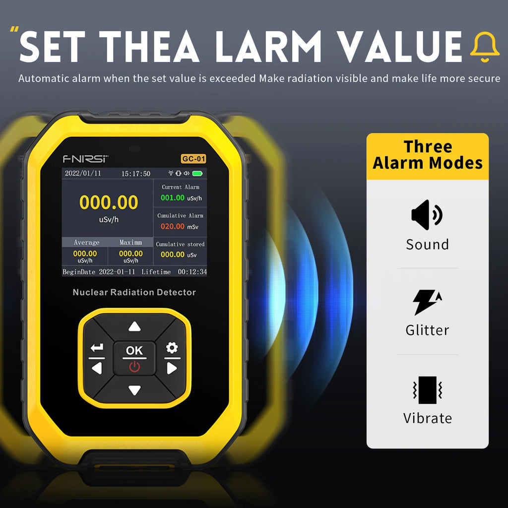 Nuclear radiation detector with digital display and alarm modes on a dark background