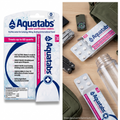 A collage showing Aquatabs water purification tablets packaging and the tablets themselves. The left panel shows the retail blister pack on a white background, and the right panel shows two sachets with visible round white tablets on a wooden tabletop next to camping tools and a bottle.