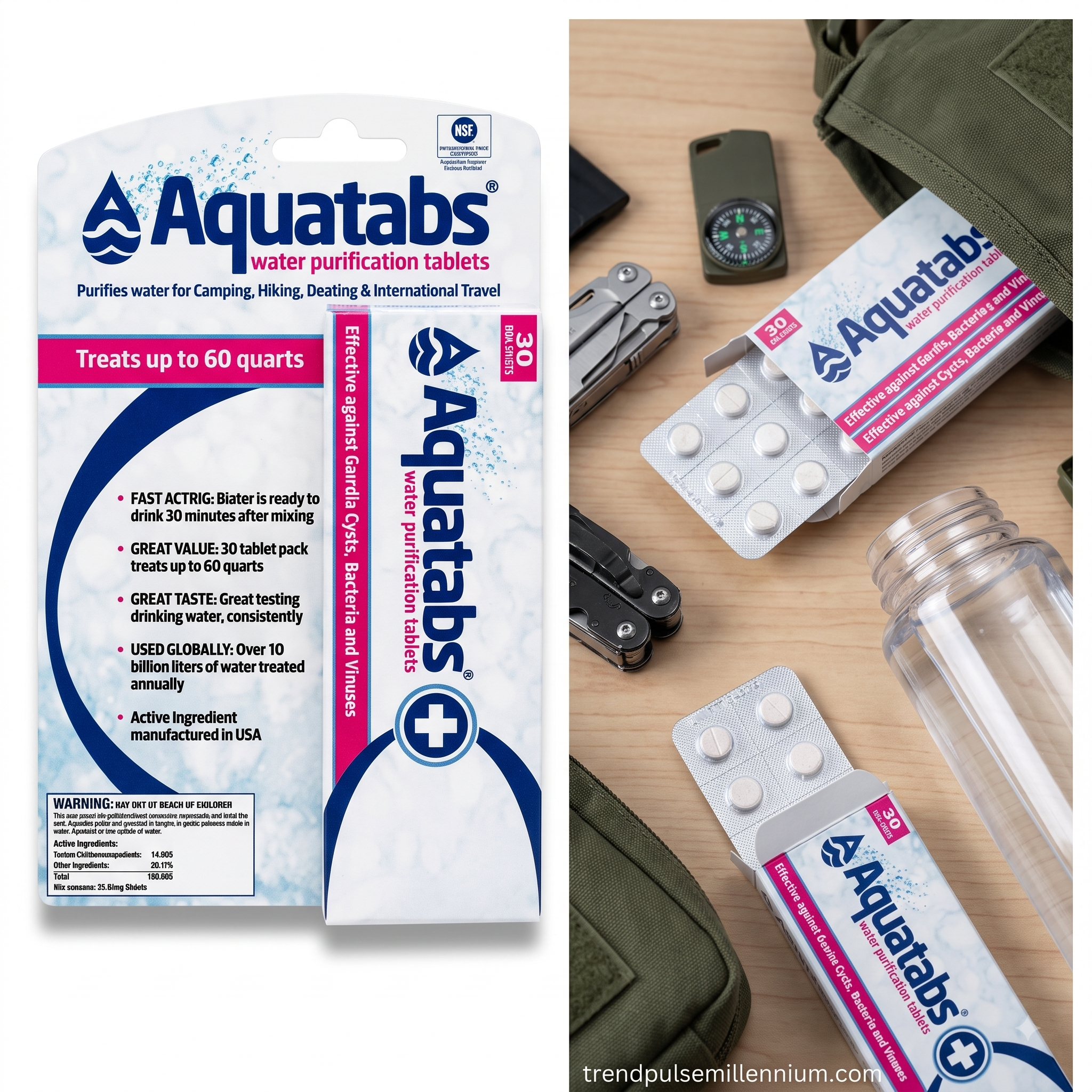 A collage showing Aquatabs water purification tablets packaging and the tablets themselves. The left panel shows the retail blister pack on a white background, and the right panel shows two sachets with visible round white tablets on a wooden tabletop next to camping tools and a bottle.