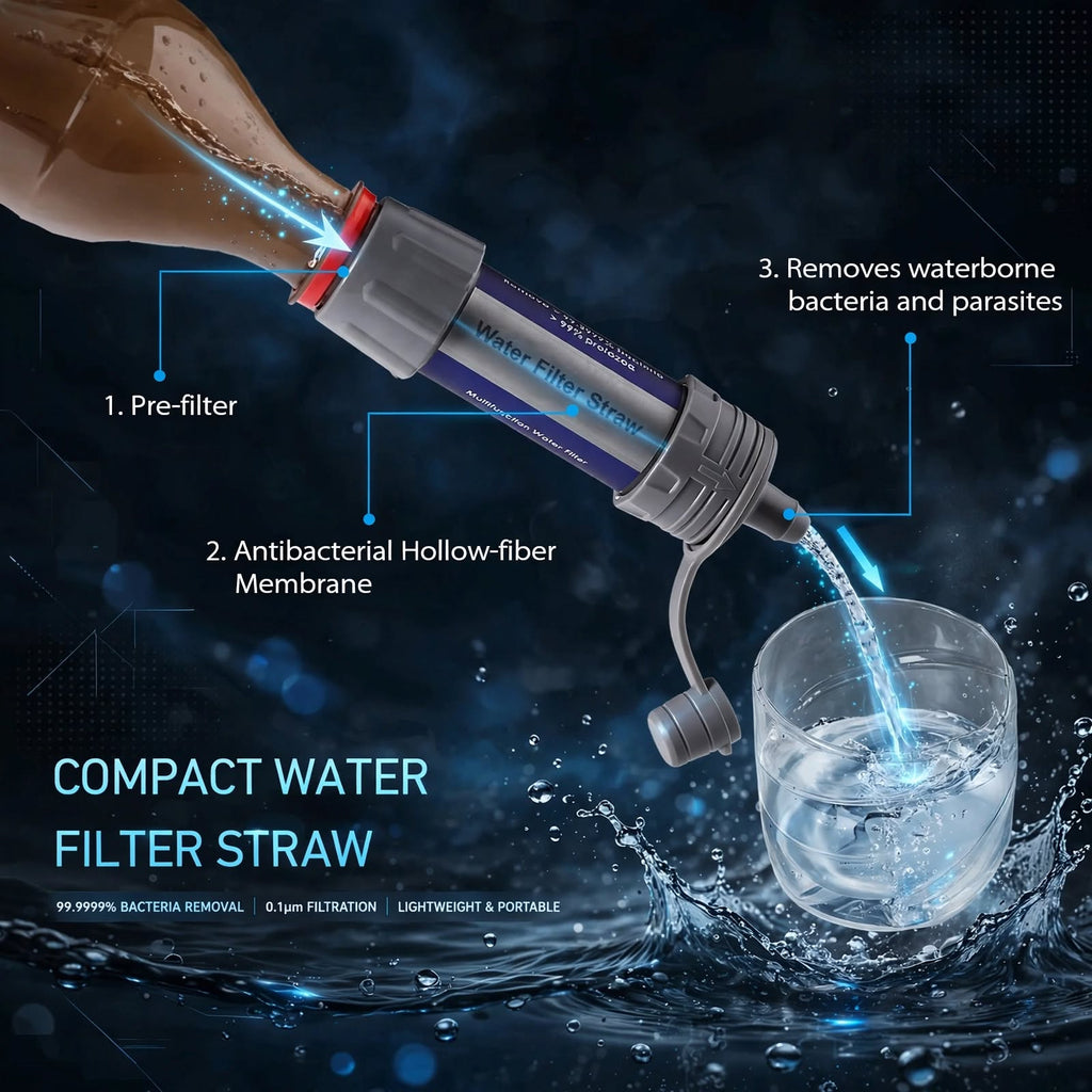 WRELS 5000L Tactical Survival Water Filter Straw - SHTF Bug Out Bag Water Purifier 0.01 Micron 3-Stage Coconut Carbon + Hollow Fiber UF Membrane - 1320 Gallon Emergency Filter with Gravity Bag & Syringe System