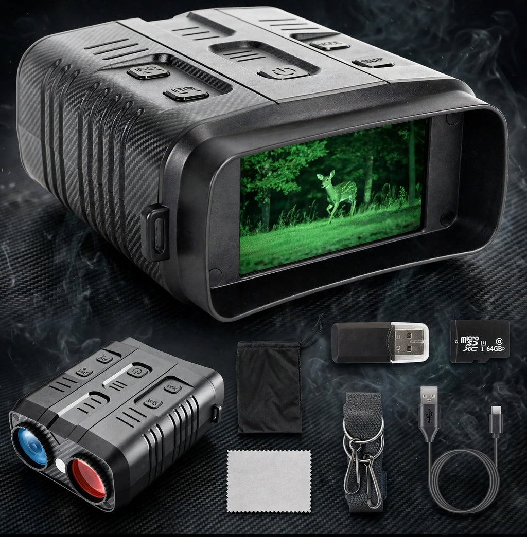 Black thermal night vision rifle scope with a green IR view screen, shown with accessories including a second scope, USB cable, memory card, cleaning cloth, and carrying strap on a dark textured background.