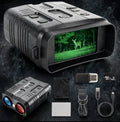 Black thermal night vision rifle scope with a green IR view screen, shown with accessories including a second scope, USB cable, memory card, cleaning cloth, and carrying strap on a dark textured background.