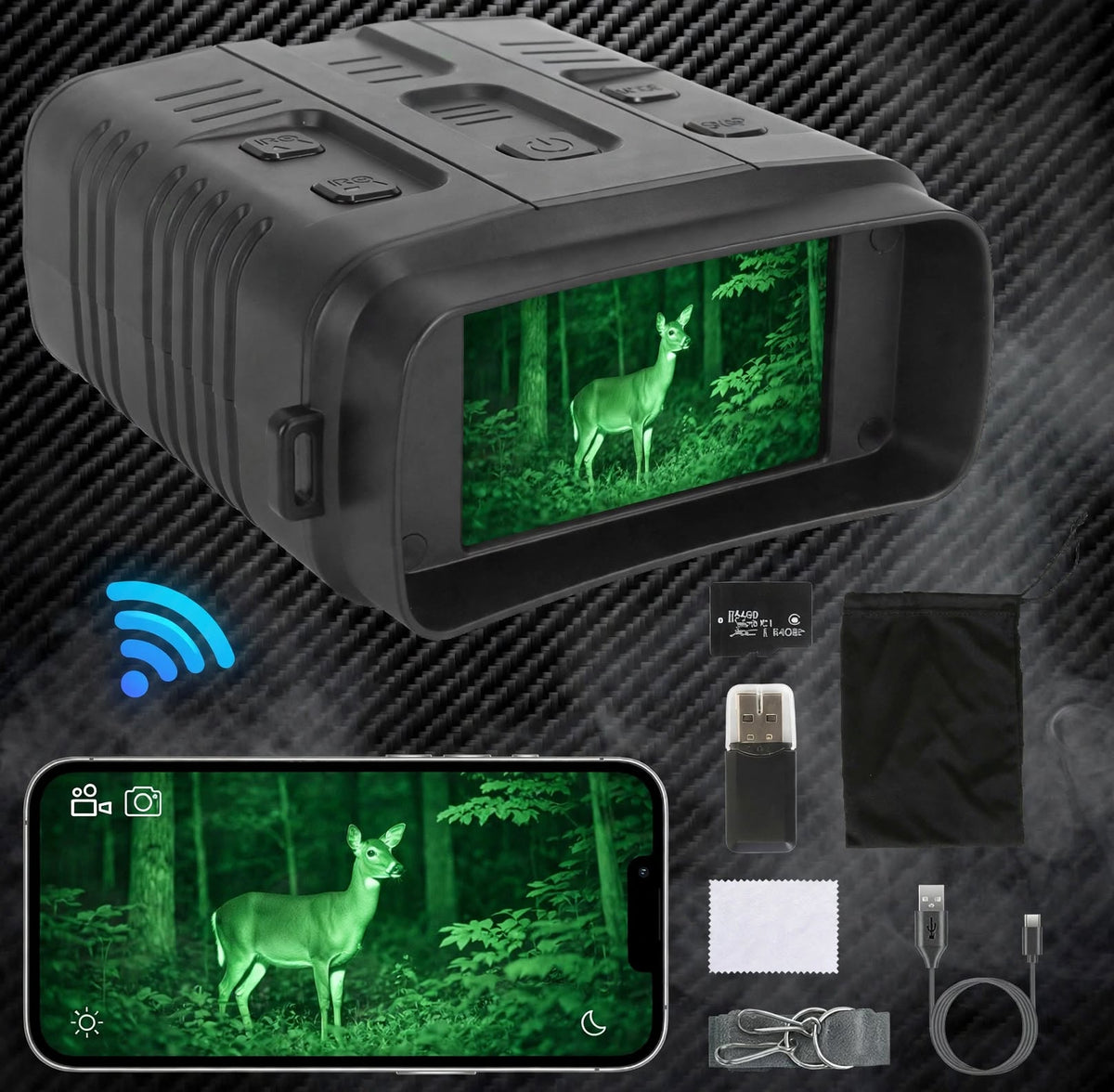 ApexVision TrailGuard Pro 4K Tactical Recon Binoculars - Day/Night Vision Goggles WiFi + 64GB