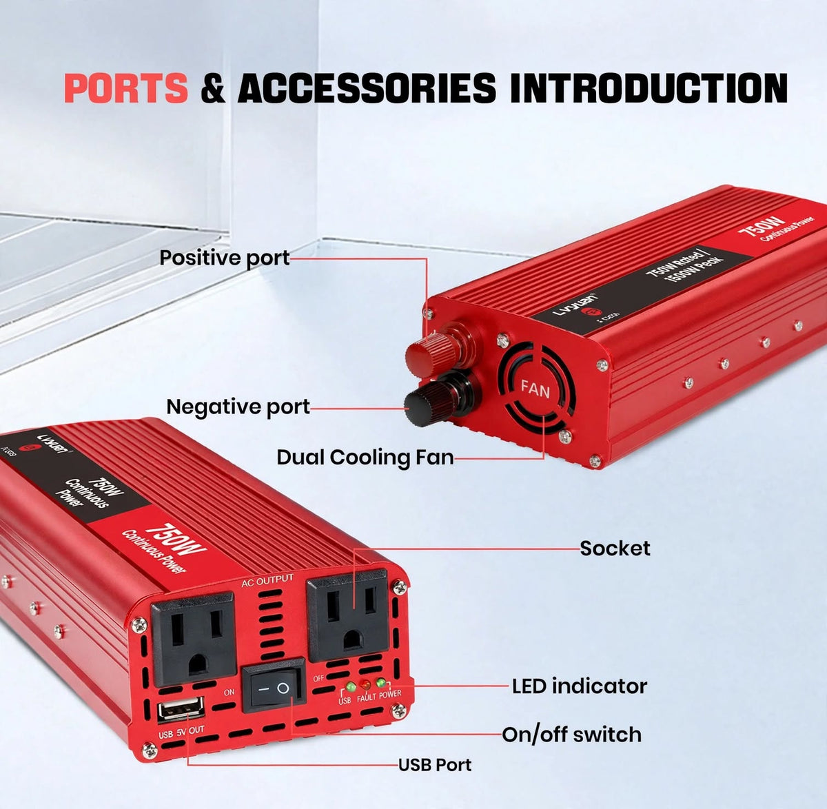750W Prepper Power Inverter 12V to 110V - Off-Grid Emergency Car Battery Inverter