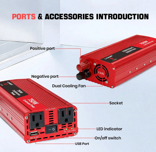 750W Prepper Power Inverter 12V to 110V - Off-Grid Emergency Car Battery Inverter