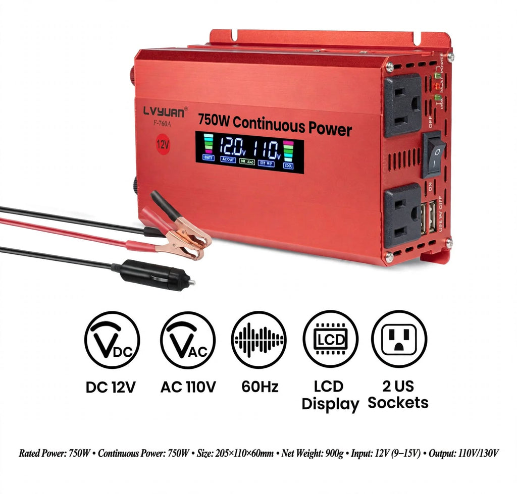 750W Prepper Power Inverter 12V to 110V - Off-Grid Emergency Car Battery Inverter