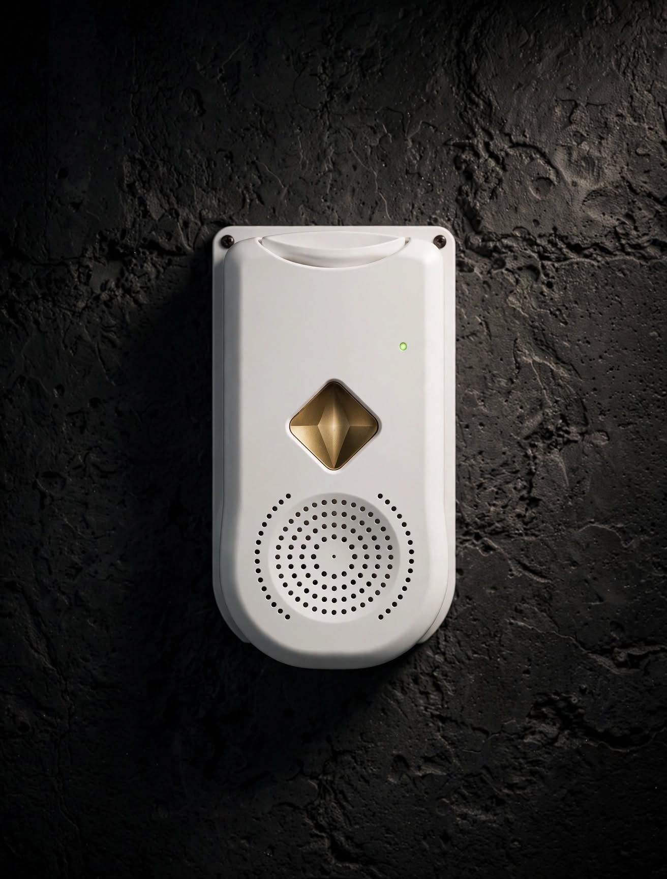 A white electronic device with a gold diamond-shaped accent and a circular speaker grille, mounted on a dark textured wall.