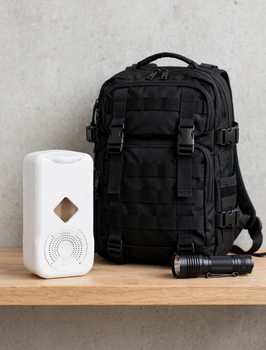 A black tactical backpack displayed on a wooden shelf next to a white rectangular device and a black flashlight, against a textured gray wall.