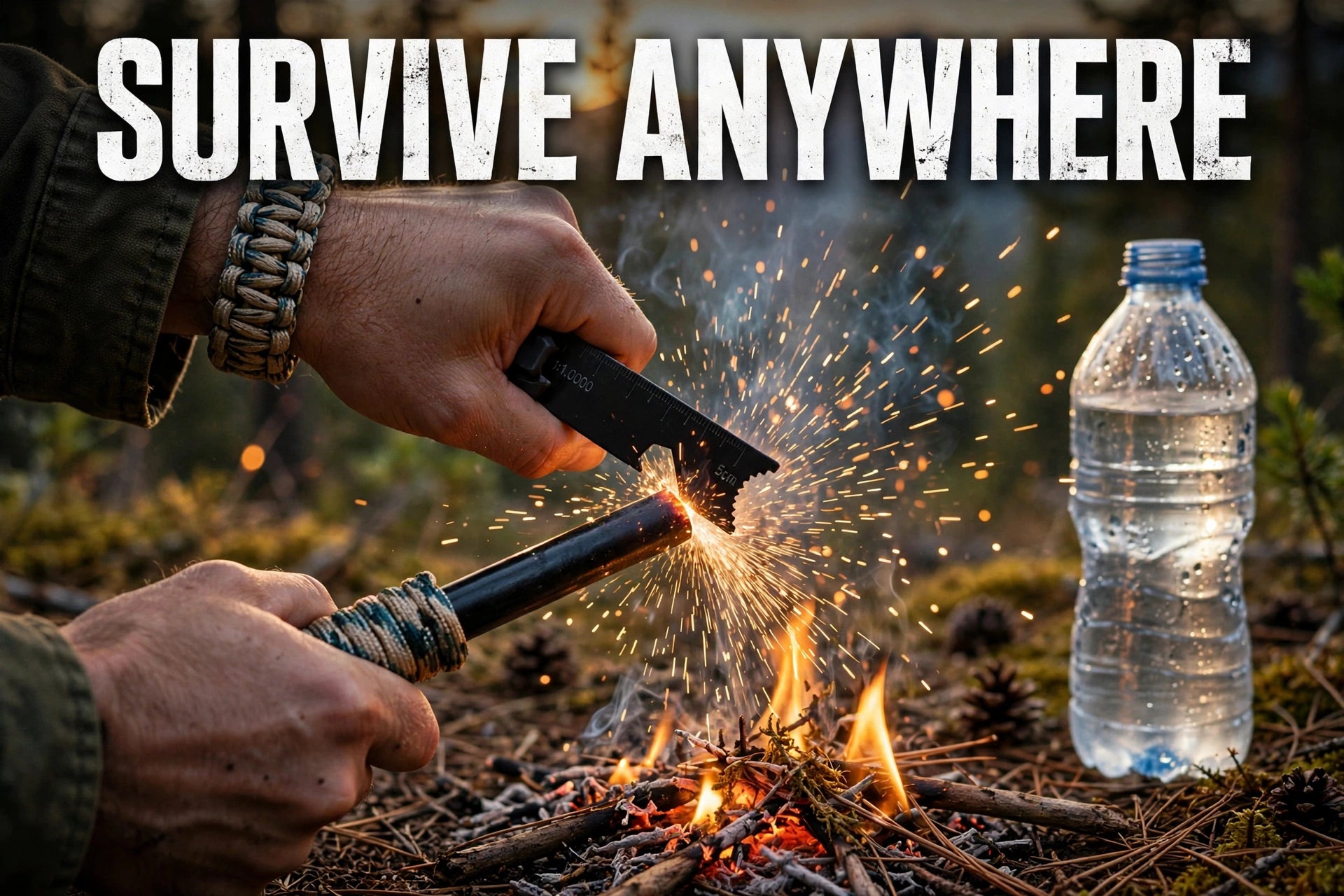 A person's hands are shown striking a ferrocerium fire starter to create sparks over a small campfire in a forest setting. A clear plastic water bottle is visible on the right, and the bold text 'SURVIVE ANYWHERE' is displayed at the top of the image.