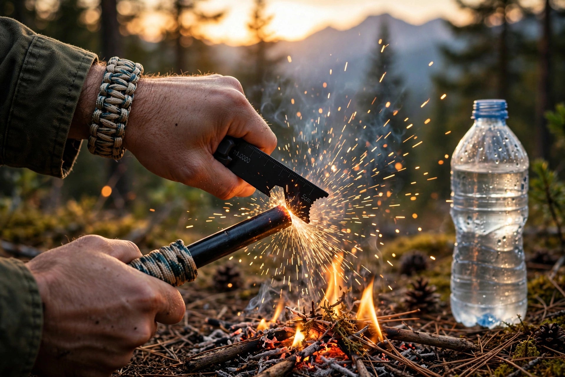 A person's hands are shown striking a ferrocerium fire starter to create sparks over a small campfire in an outdoor forest setting. A clear plastic water bottle is visible on the right side of the scene.