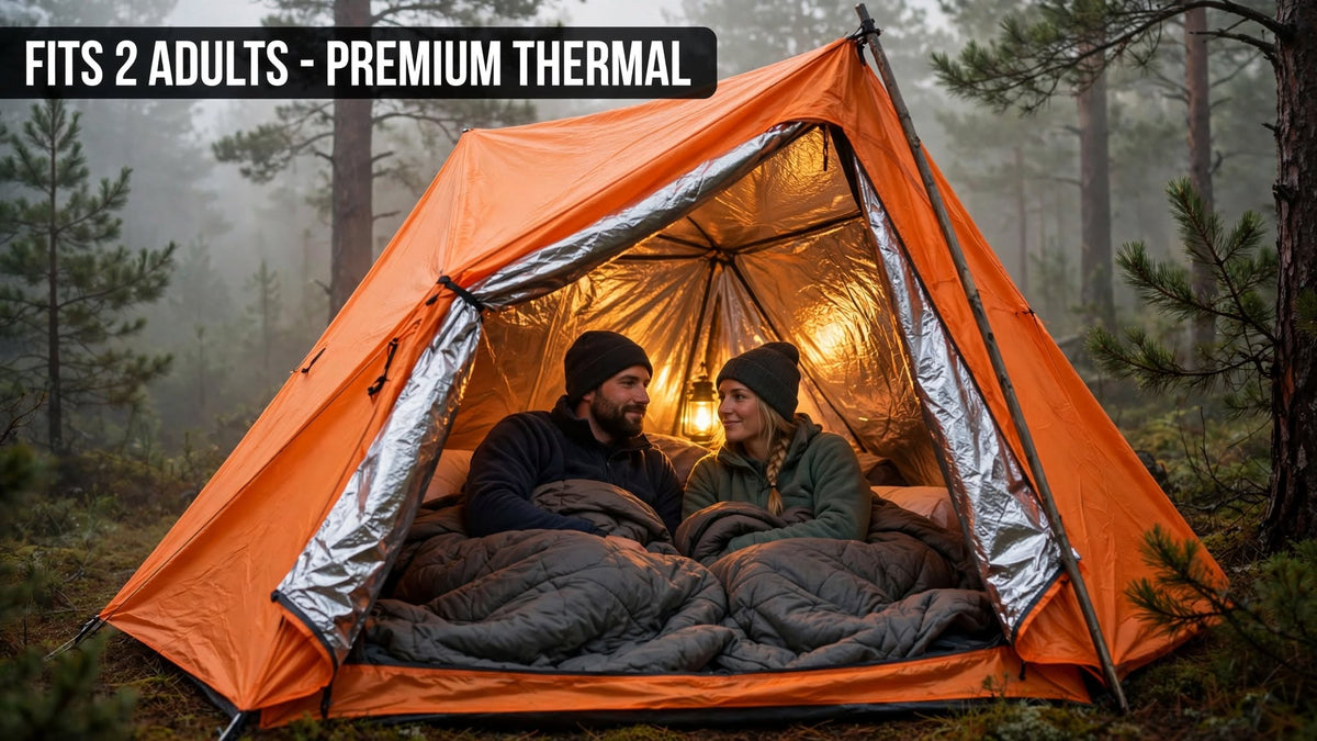 An orange camping tent pitched in a misty forest, with two people sitting inside under a warm lamp and bedding. A black text banner at the top reads 'FITS 2 ADULTS - PREMIUM THERMAL'.