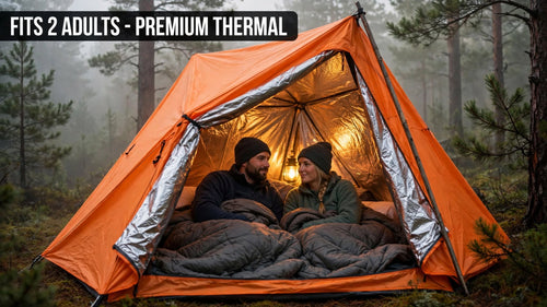 An orange camping tent pitched in a misty forest, with two people sitting inside under a warm lamp and bedding. A black text banner at the top reads 'FITS 2 ADULTS - PREMIUM THERMAL'.