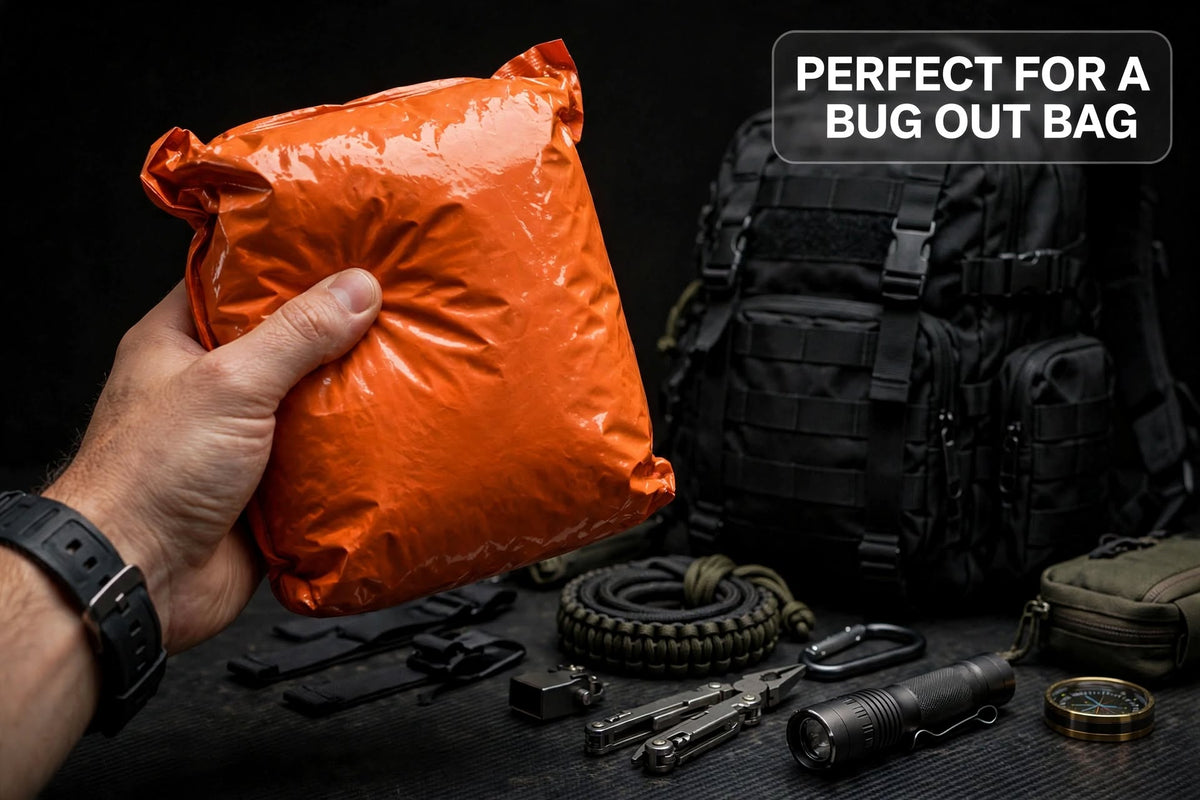 A hand holds a crinkled orange emergency survival blanket pouch in front of a black tactical backpack and outdoor gear on a dark tabletop. A text overlay in the top right reads 'PERFECT FOR A BUG OUT BAG'.