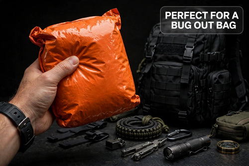A hand holds a crinkled orange emergency survival blanket pouch in front of a black tactical backpack and outdoor gear on a dark tabletop. A text overlay in the top right reads 'PERFECT FOR A BUG OUT BAG'.