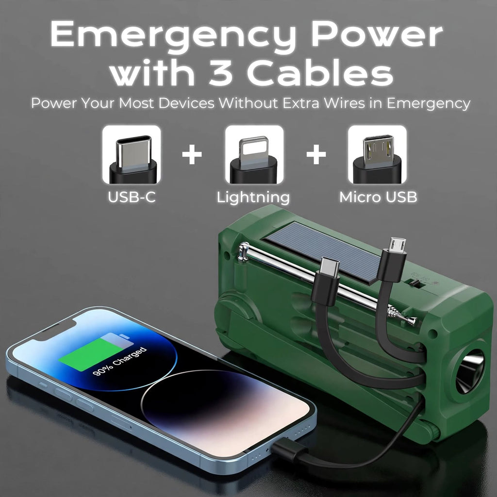 PRUNUS J-366 Storm-Ready 5-Way Power Kit - Green - 2000mAh + AAA Backup + 3 Built-in Cables + AM/FM/SW + SOS