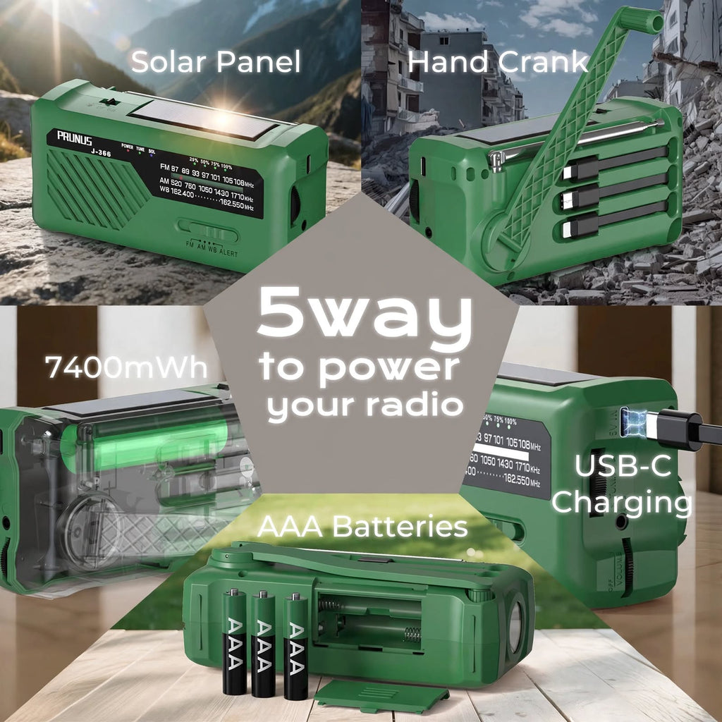 PRUNUS J-366 Storm-Ready 5-Way Power Kit - Green - 2000mAh + AAA Backup + 3 Built-in Cables + AM/FM/SW + SOS