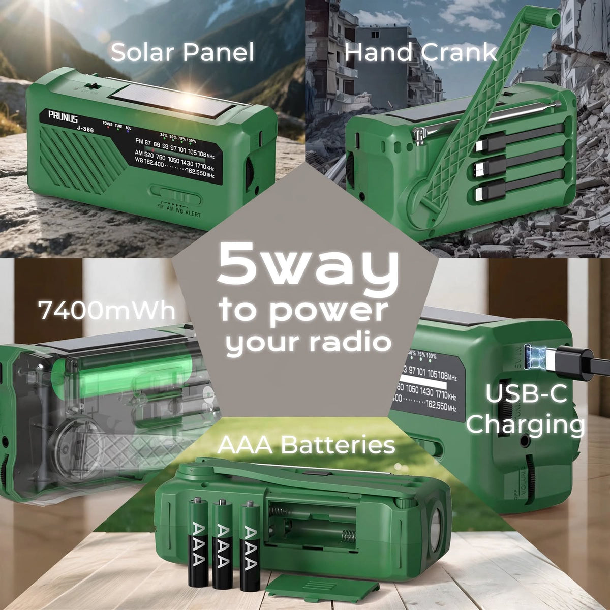 PRUNUS J-366 Storm-Ready 5-Way Power Kit - Green - 2000mAh + AAA Backup + 3 Built-in Cables + AM/FM/SW + SOS
