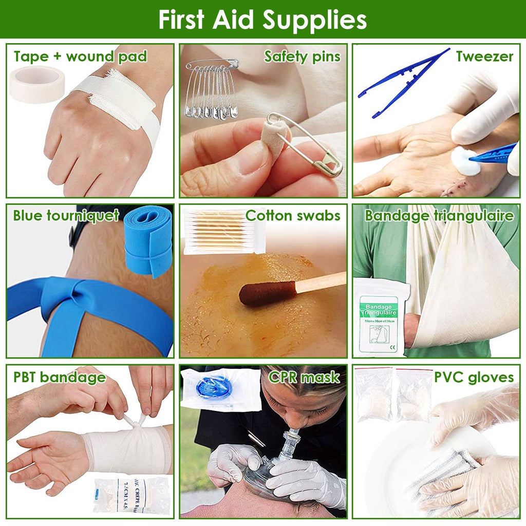 Collage of first aid supplies including tape, safety pins, tweezers, bandages, and CPR mask.