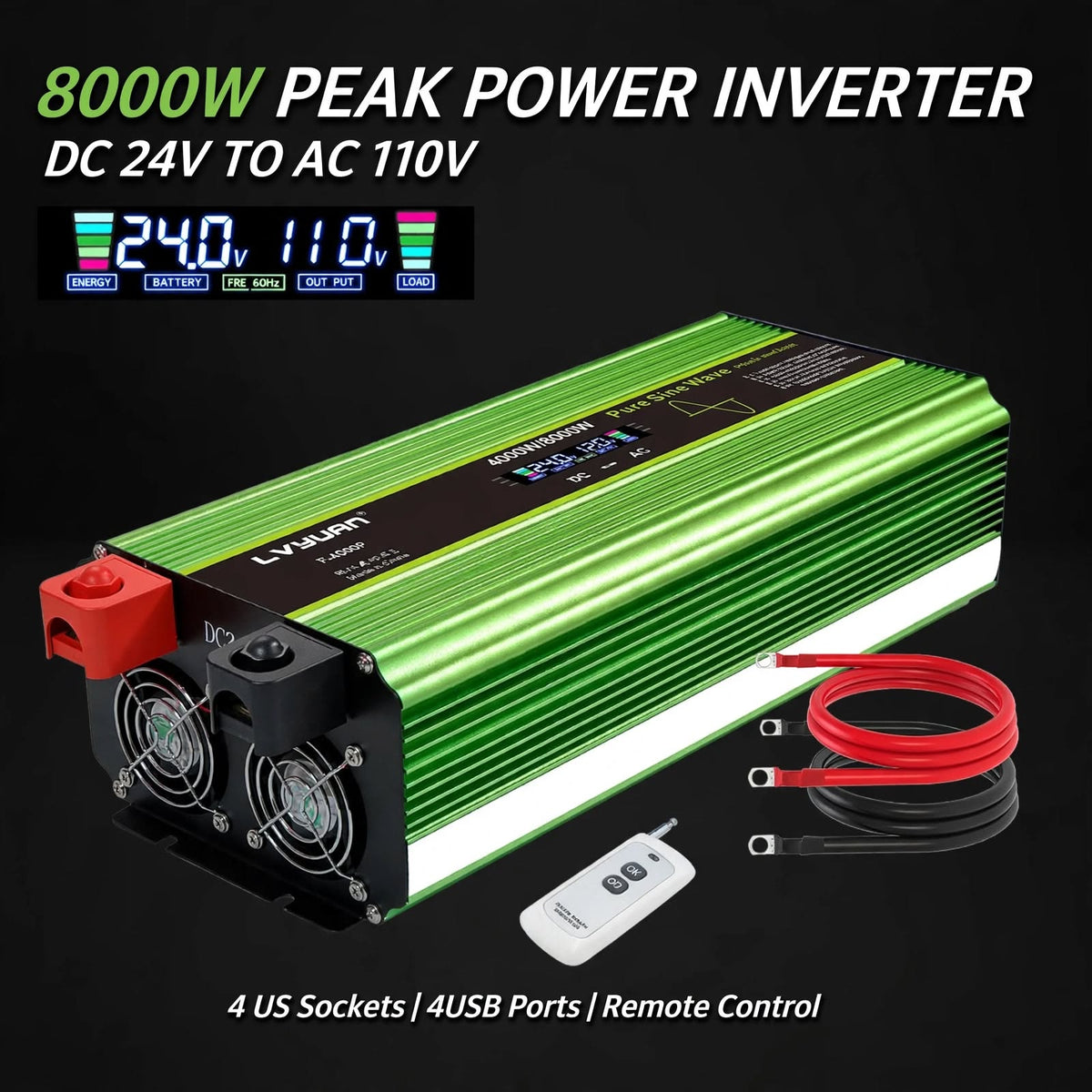4000W Rated 24V Pure Sine Wave Inverter - 8000W Peak Off-Grid SHTF Emergency Power