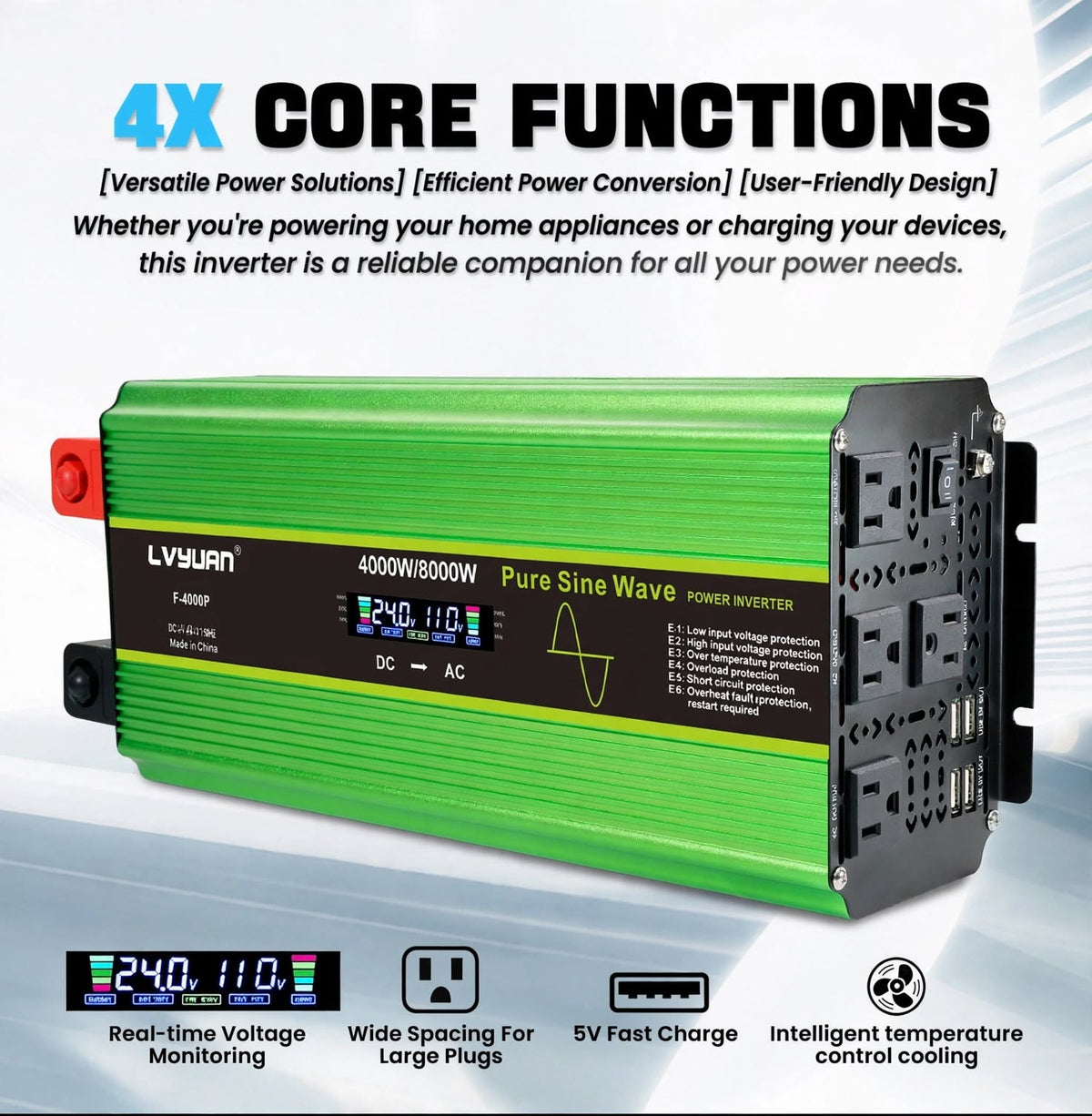 4000W Rated 24V Pure Sine Wave Inverter - 8000W Peak Off-Grid SHTF Emergency Power