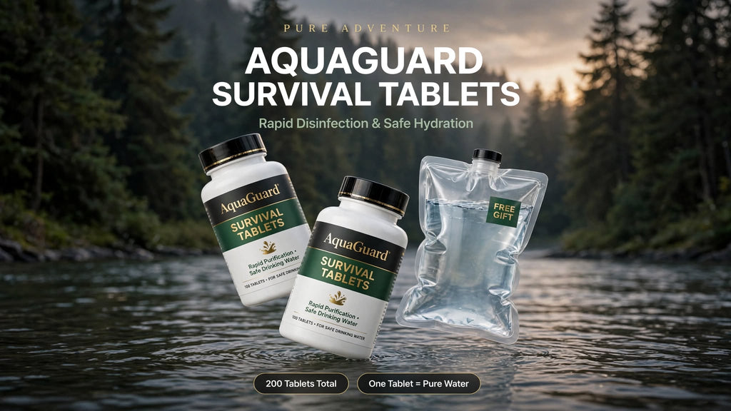 Three Aquaguard Survival Tablets bottles and a clear water pouch floating on water with a forest background, under the text 'AQUAGUARD SURVIVAL TABLETS'.