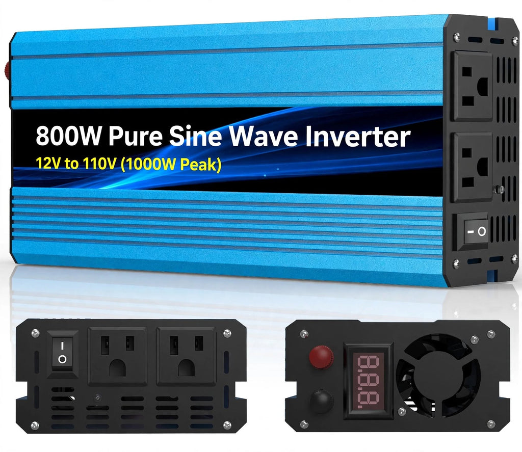 800W Pure Sine Wave Inverter 12V to 110V (1000W Peak) - Prepper Emergency Power