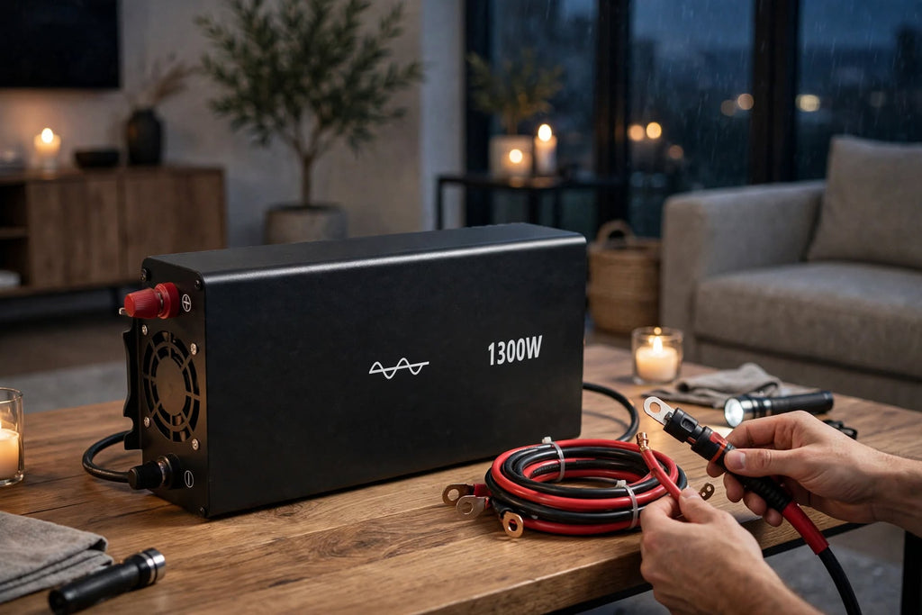 A black 1300W portable power station sits on a wooden table in a cozy, dimly lit living room. A person's hands are shown holding red and black cables connected to the power station, with a flashlight visible.