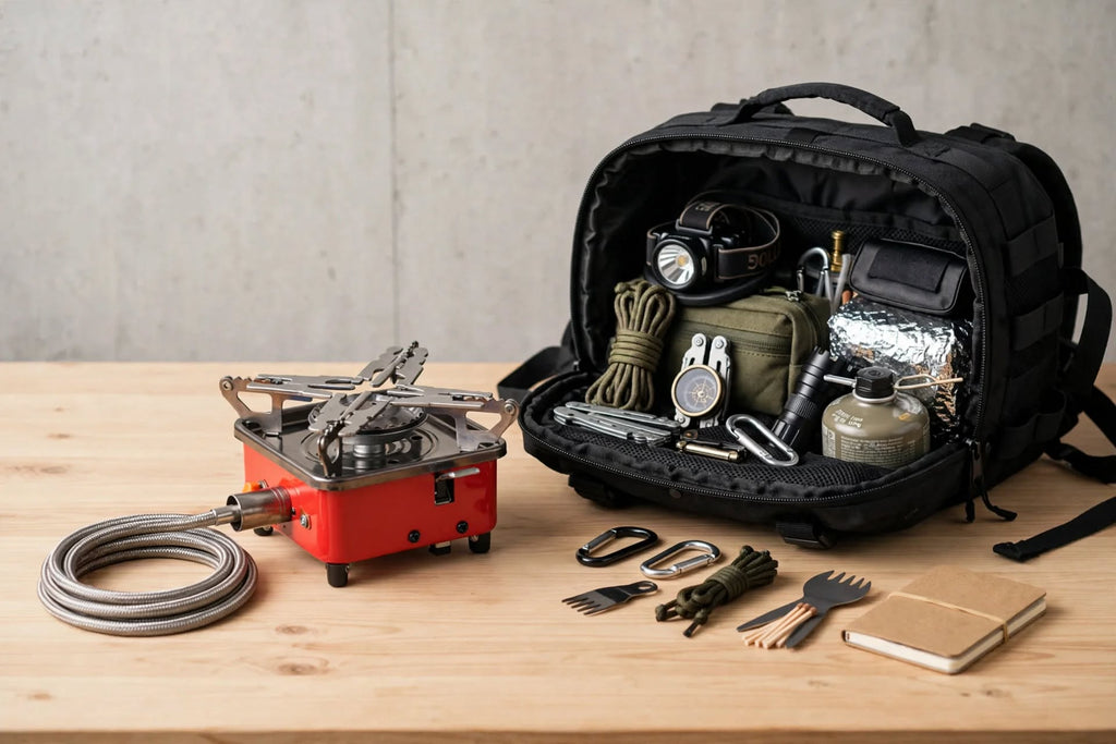 An open black backpack displayed on a wooden table, filled with camping gear including an olive green stove, a red portable burner with a gray hose, rope, a flashlight, a bottle, a mirror, and utensils. A small notebook and knife are placed in front of the bag against a concrete wall background.
