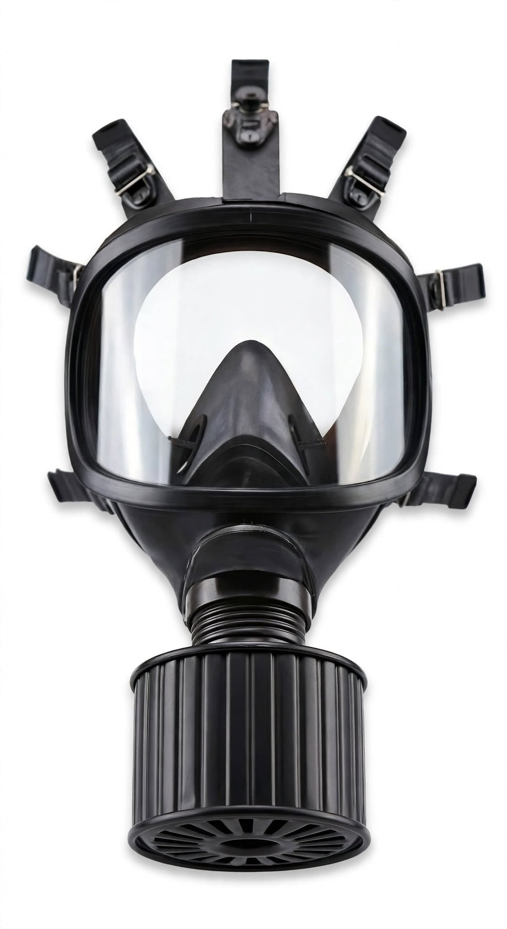 A black full-face respirator mask with a clear visor and an attached ribbed filter canister, shown against a plain white background.