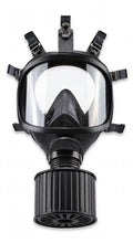 A black full-face respirator mask with a clear visor and an attached ribbed filter canister, shown against a plain white background.