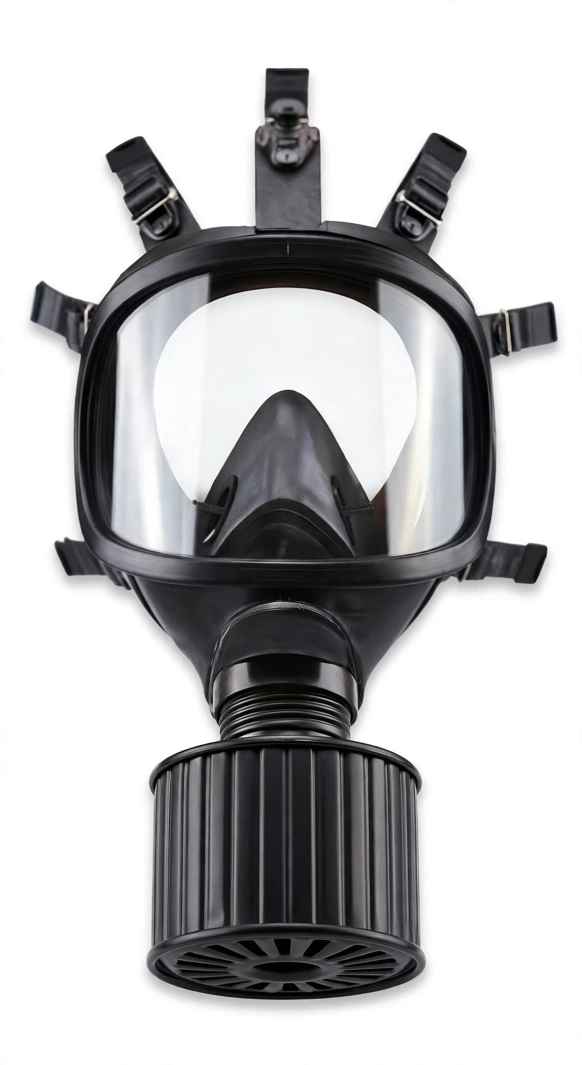 A black full-face respirator mask with a clear visor and an attached ribbed filter canister, shown against a plain white background.