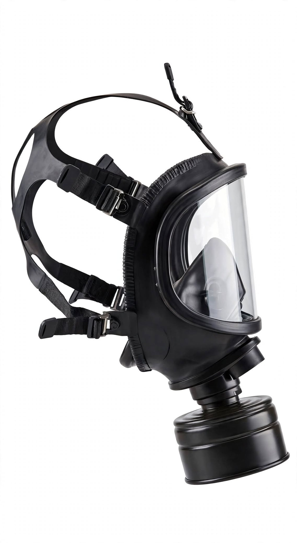 A black full-face tactical respirator mask with a clear visor and an attached black canister filter, shown against a solid white background.