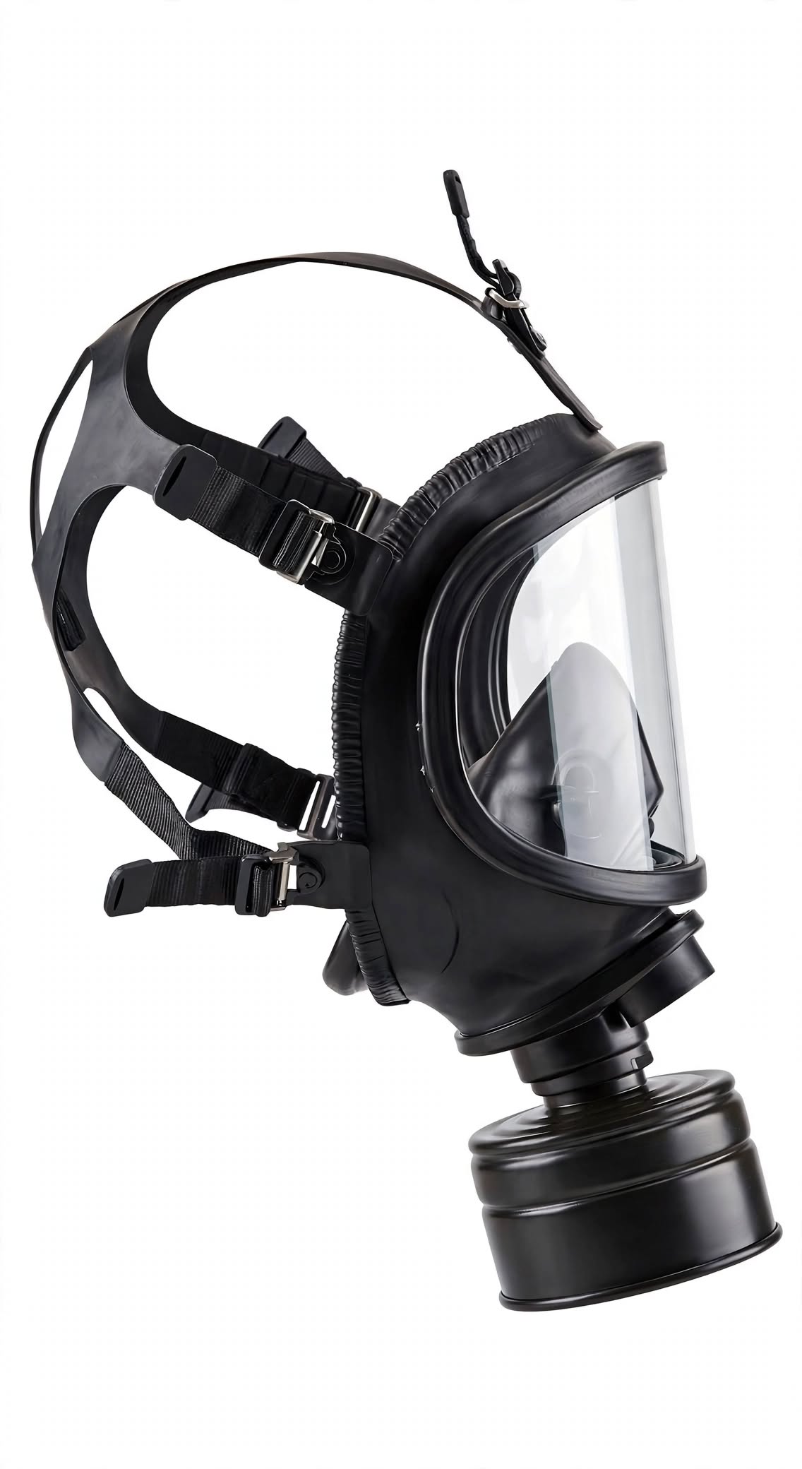 A black full-face tactical respirator mask with a clear visor and an attached black canister filter, shown against a solid white background.
