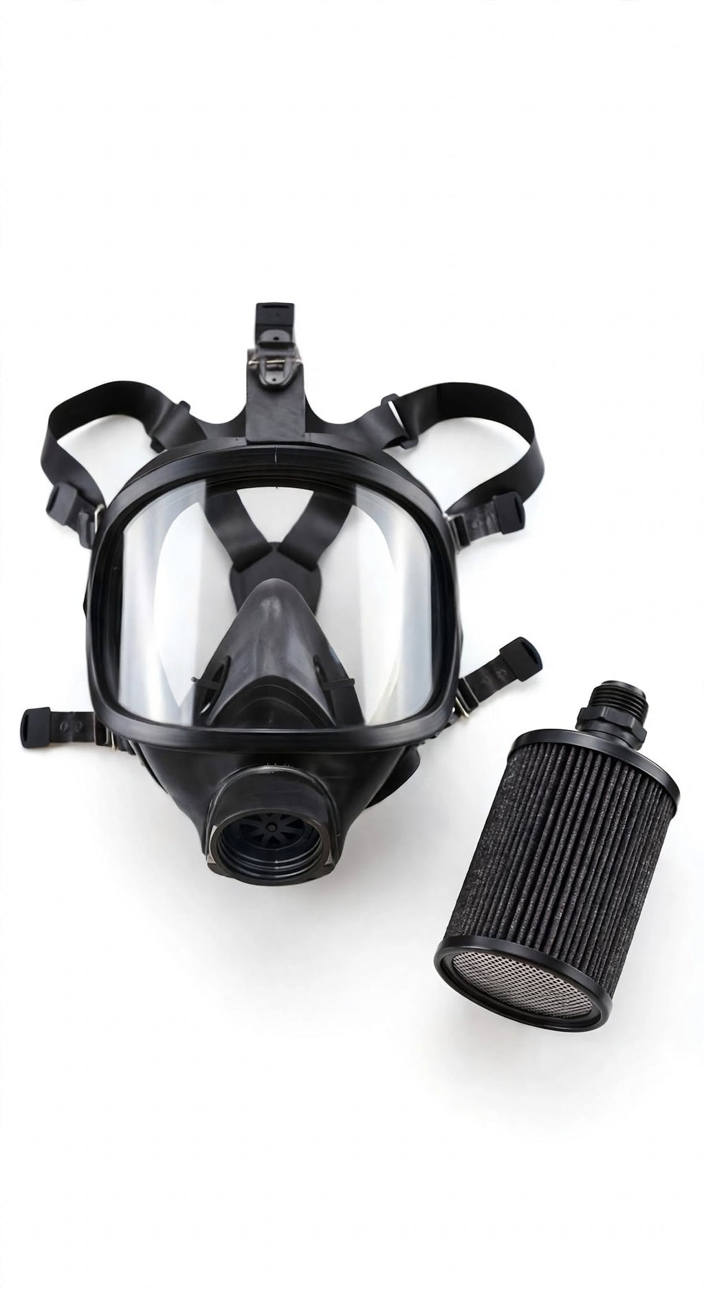 Black full-face mask with a clear visor and a separate black filter cartridge, photographed on a plain white background.