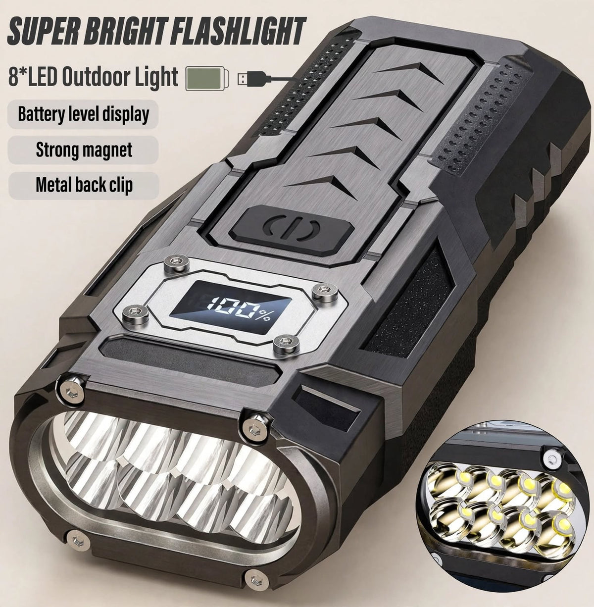 A rugged outdoor flashlight with a digital battery percentage display, shown on a light beige background with feature callouts and a circular inset showing the LED array.