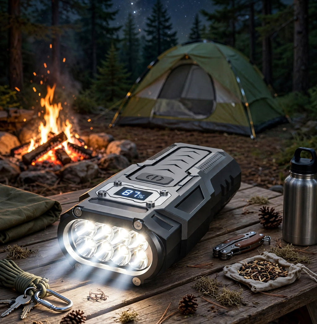 A rugged black and gray portable lantern flashlight with a digital temperature display sits on a wooden camping table in a forest campsite. A green tent, a burning campfire, pinecones, keys, and a stainless steel water bottle are arranged around it.
